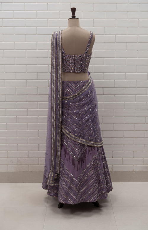LILY - Lilac Zig Zag Lehenga, Densely Embroidered Corset Blouse & Tulle Dupatta