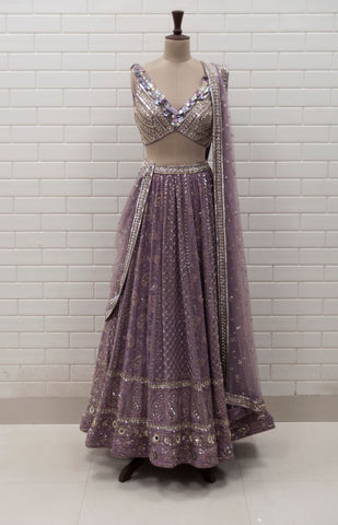 MAIA - Cutwork Blouse, Floral Motif Mirror Work Lehenga, Scalloped Collar Jacket & Embellished Belt