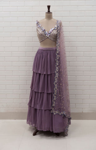 REBECCA - Greyish Blue Zig Zag Lehenga, Densely Embroidered Blouse & Dupatta