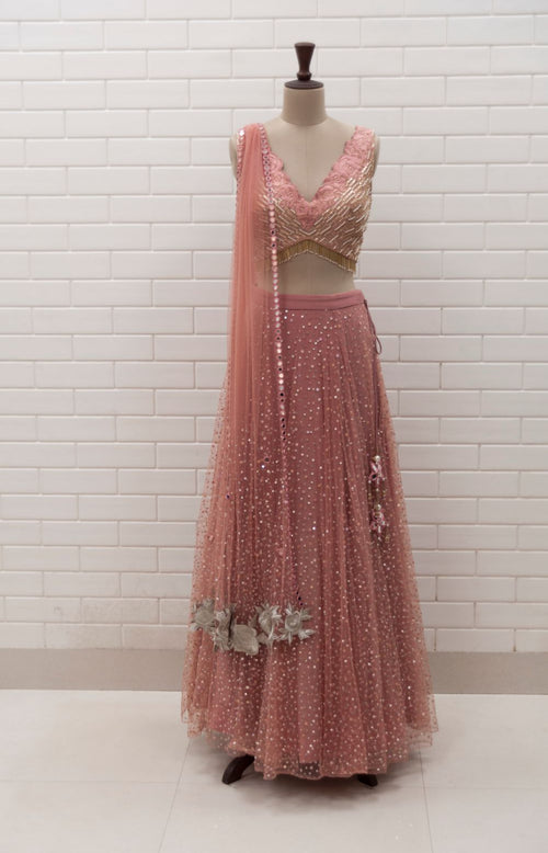 ELI - Sequins Lehenga, Rose Cut Work V Neckline Blouse & Cutwork Dupatta