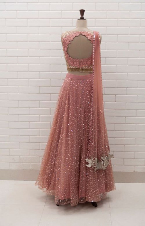 ELI - Sequins Lehenga, Rose Cut Work V Neckline Blouse & Cutwork Dupatta