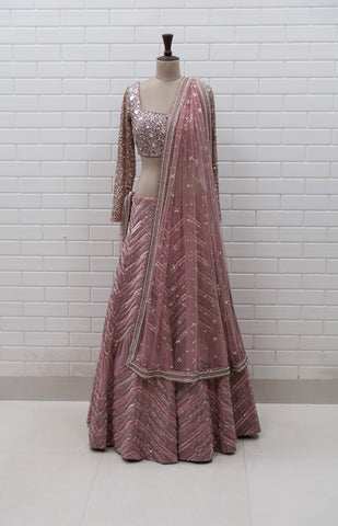 ROSEMARY - Rose Gold Zig Zag Lehenga, Embroidered Full Sleeves Blouse & Tulle Dupatta