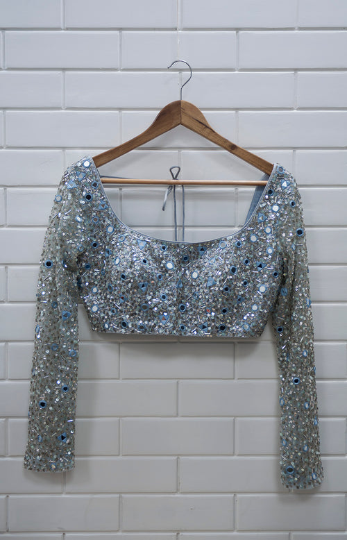 YC - Ice Blue Full-Sleeve Blouse With Dori & Latkan