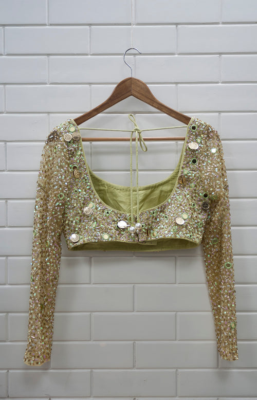 YC - Lemon Green Full-Sleeve Blouse With Dori & Latkan