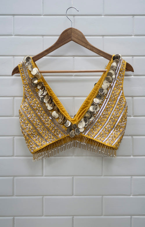 YC - Deep Neck Yellow & Gold Sleeveless Blouse