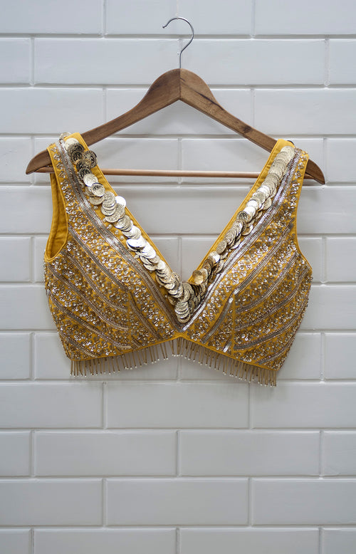 YC - Deep Neck Yellow & Gold Sleeveless Blouse