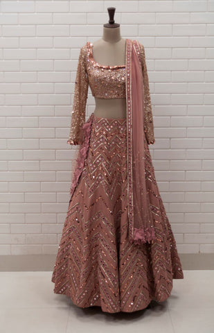 CELIA - Dusty Pink Zig Zag Lehenga, Embroidered Full Sleeves Blouse & Dupatta