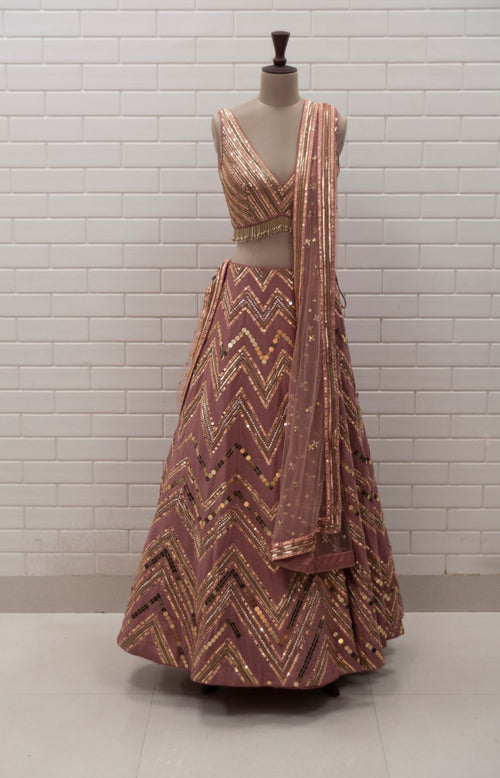 DEMI - Chevron Pattern Lehenga, V Neck Sleeveless Tassel Blouse & Tulle Dupatta