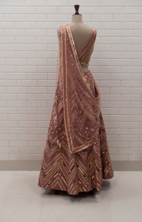 DEMI - Chevron Pattern Lehenga, V Neck Sleeveless Tassel Blouse & Tulle Dupatta