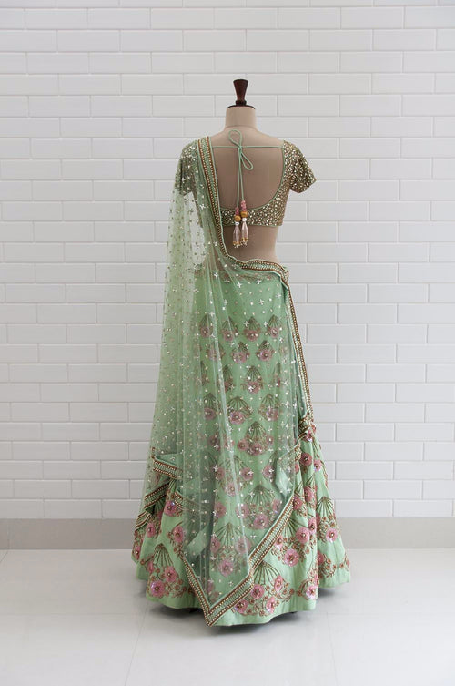 POESIA : Mint Green Jaal embroidery Blouse and Lehenga