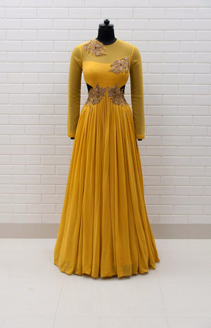 ABRIANA : Spicy Mustard Kundan Drape sleeveless Top with box pleated collar and Lehenga