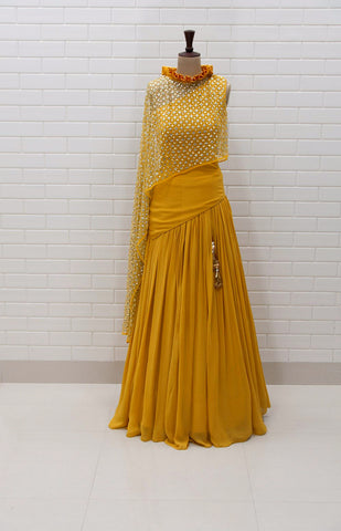 ISABELLA : Canyon Clay Drape Sleeves with Jaal embroidery Blouse and Lehenga