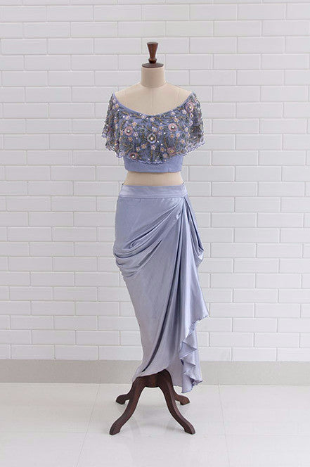 CARINA : Lilac Grey Off Shoulder flaired blouse in Floral Sequins and Beads embroidery with Satin Dhoti