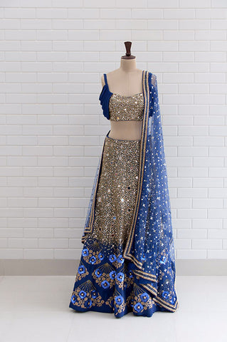 GIULIETTA : Violet Tulle floral zardozi handfans embroidered lehenga with Jaal work choli blouse and dupatta