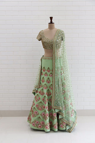 CLARISSA : Canyon Clay Ruffled Jacket with blouse and lehenga