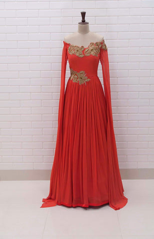 SAVIA : Off shoulder pleated gown with Floral Sequins and Beads embroidered flaired collar