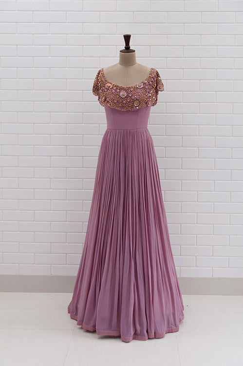 PERLA : Orchid Haze Off shoulder pleated gown