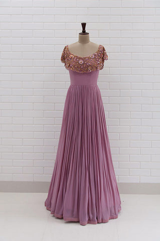 MIA : Orchid Haze Kundan Drape sleeveless Top with box pleated collar and Lehenga