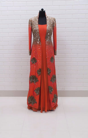 Peach Lehenga with Mirror Corset and Kundan cowl jacket