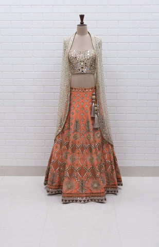 Esha Gupta Coral Pink Lotus Motif Lehenga with choli cut blouse & dupatta