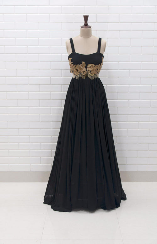 MARIELLA : Black Sleeveless Waist cut-out Gown with Zardozi embroidery