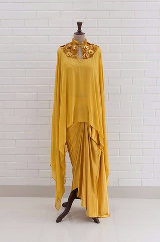 ABRIANA : Spicy Mustard Kundan Drape sleeveless Top with box pleated collar and Lehenga