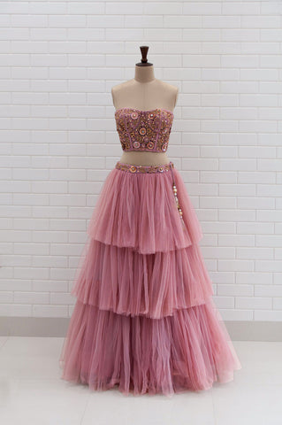 SAVIA : Off shoulder pleated gown with Floral Sequins and Beads embroidered flaired collar